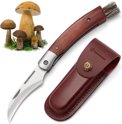 DRACHENADER Mushroom Knife N-1, 8.15" Folding Mushroom Knife with Brush, Leather Sheath, 5Cr14MoV Stainless Steel Blade, secure Liner-Lock Design for Foraging and Harvesting in Kuwait