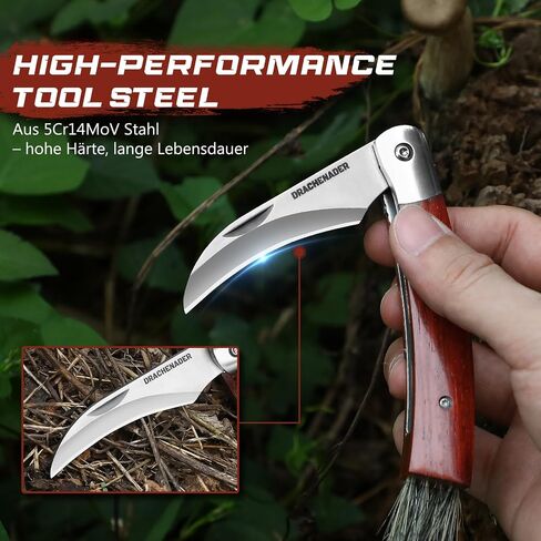 DRACHENADER Mushroom Knife N-1, 8.15" Folding Mushroom Knife with Brush, Leather Sheath, 5Cr14MoV Stainless Steel Blade, secure Liner-Lock Design for Foraging and Harvesting in Kuwait