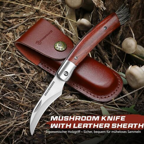 DRACHENADER Mushroom Knife N-1, 8.15" Folding Mushroom Knife with Brush, Leather Sheath, 5Cr14MoV Stainless Steel Blade, secure Liner-Lock Design for Foraging and Harvesting in Kuwait