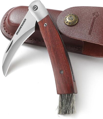 DRACHENADER Mushroom Knife N-1, 8.15" Folding Mushroom Knife with Brush, Leather Sheath, 5Cr14MoV Stainless Steel Blade, secure Liner-Lock Design for Foraging and Harvesting in Kuwait