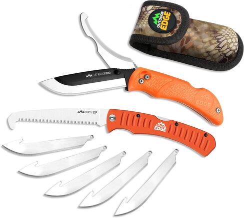 OUTDOOR EDGE RazorPro Double Blade Hunting Knife with Flip N’ Zip Bone Saw – Folding Knife with Gutting Blade & Replaceable RazorSafe Skinning Edge, Includes Camo Nylon Sheath in Saudi Arabia