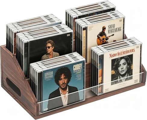 Wooden CD Storage Rack & CD Holder Shelf, 3 Tier CD Case Organizer for Desktop, Solid Wood Media Storage Rack & DVD Stand, Small Record Holder for Tabletop Display and Organization, Brown in Kuwait