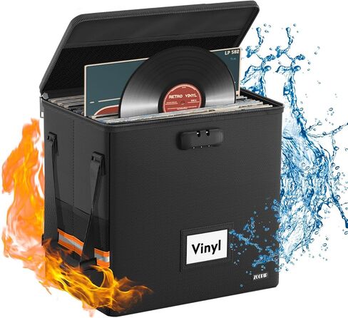 Fireproof Vinyl Record Storage Box,Holds 30 Albums, Black | Water Resistant, Collapsible, Carrying Case with Lid, Fit 7/12 inch Albums in Kuwait