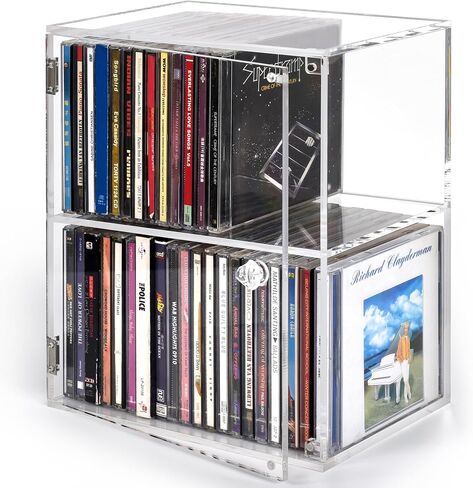 CELSOL 2-Tier Clear Acrylic CD Storage Box with Magnetic Door, Dust-Proof Sealed CD Organizer & CD Display Case for Jewel Cases, Holds 40 CDs, Stackable CD Rack for Serious Collectors in Saudi Arabia