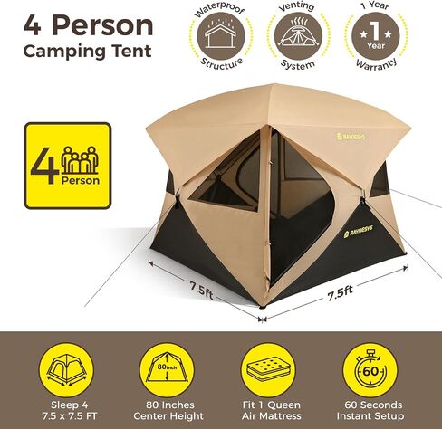 4 Person Camping Tent, Setup in 60 Seconds, Waterproof,Pop up Tents | Instant setup in 60 Seconds,Spacious Interior,3000mm waterproof Camping tent,Instant Cabin Tents with Carry Bag in Saudi Arabia
