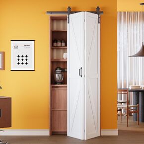 Bifold Barn Door 25" (12.5" x 2) x 84" with Pre-Assembled Solid Core Panels | Paintable White Primed Finish Bi Fold Barn Door, H-Shape Bifold Sliding Barn Door for Closet Pantry Laundry, Easy to Install in Saudi Arabia
