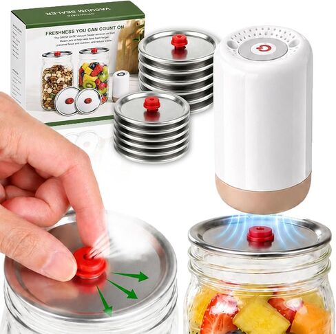 [20s Sealing] Mason Jar Vacuum Sealer Kit with Electric Pump | One-Pinch Open No Tools Needed, 20s Fast Sealing, Compact & Portable,Reusable 5 Wide & 5 Regular Mouth Vacuum Seal Lids in Saudi Arabia