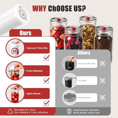 [20s Sealing] Mason Jar Vacuum Sealer Kit with Electric Pump | One-Pinch Open No Tools Needed, 20s Fast Sealing, Compact & Portable,Reusable 5 Wide & 5 Regular Mouth Vacuum Seal Lids in Saudi Arabia