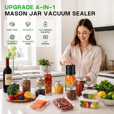 Electric Mason Jar Vacuum Sealer Kit | 4-in-1 handheld mason jar vacuum sealer works with mason jars, glass food bins, vacuum bags and wine bottles in Saudi Arabia