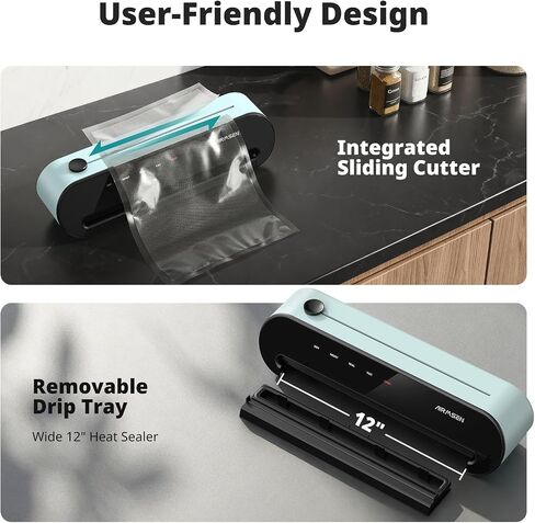 AIRMSEN 1-Step Vacuum Sealer for Food, 6-in-1 Fully Automatic Vacuum Sealer, Built-in Cutter & External Hose Storage, 12" Wide Sealing Strip, Dry & Moist Modes for Food Preservation in Saudi Arabia