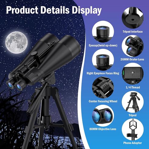 20x80 Astronomy Binoculars for Adults | HD Optics,Bak4 Prism,Low Light Vision for Moon Observation,Wildlife Watching,Waterproof,Tripod,Tripod Adapter,Carrying Case in Saudi Arabia