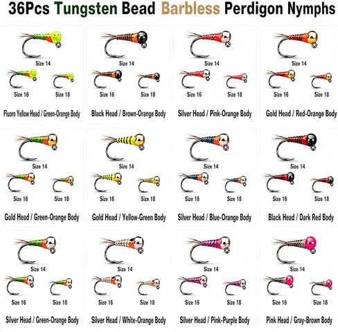 Tungsten Bead Perdigon Nymphs, 36PCS Fast Sinking Euro Nymph Flies Assortment, 12 Colors #14/#16/#18 Barbless Jig Head Flies for Smallmouth Bass, Trout & Grayling in Saudi Arabia