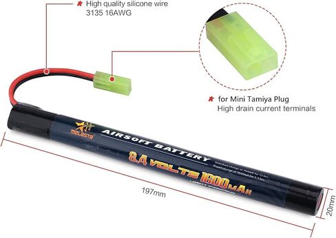Melasta 8.4V 1600mAh 2/3A Stick NiMH بطارية 2-Pack لبنادق Airsoft | موصل طامية صغير. تصميم عصا الننشاك على شكل فراشة. متوافق مع نماذج بندقية/مسدس airsoft. حزمة قابلة للشحن. in Kuwait