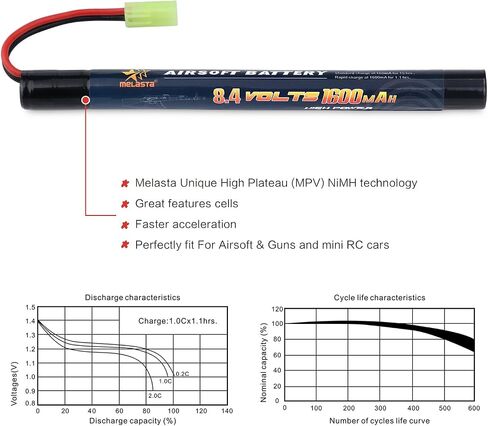 Melasta 8.4V 1600mAh 2/3A Stick NiMH بطارية 2-Pack لبنادق Airsoft | موصل طامية صغير. تصميم عصا الننشاك على شكل فراشة. متوافق مع نماذج بندقية/مسدس airsoft. حزمة قابلة للشحن. in Kuwait
