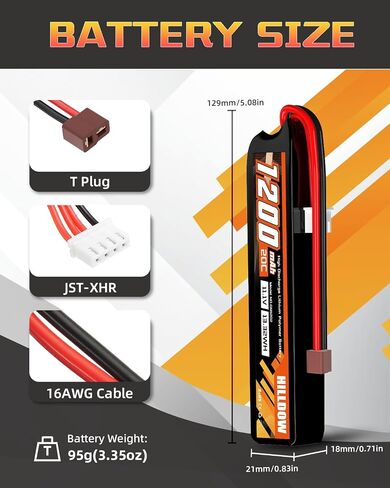 Hilldow 1200mAh Airsoft Battery 3S 11.1V 20C Lipo Battery Rechargeable Battery Packs with T Plug for Airsoft Guns in Kuwait