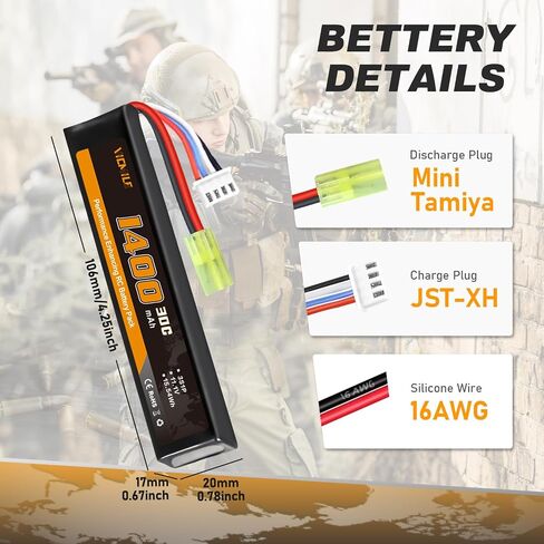 3S Airsoft Battery 30C 11.1V 1400mAh Mini Tamiya Plug with 11.1V USB Charger Fit for Most Airsoft Model Guns Gel Water Bead Blaster in Saudi Arabia