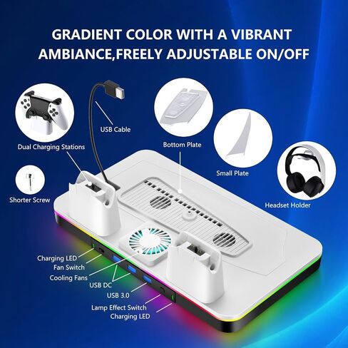 G-STORY Stand & Cooling Station for PS5/Pro/Slim, Dual Controller Charger, RGB Fan, Headset Holder in Saudi Arabia