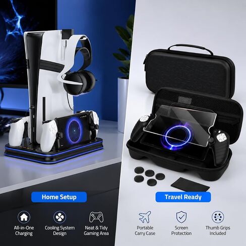 All-in-1 Accessories Bundle for Playstation Portal, PS5 Cooling Station / Charger Dock with RGB, Carrying Case for PS Portal, Silicone Protective Cover, HD Screen Protector, 4 Thumb Grips for Ps5 Portal - Black in Saudi Arabia