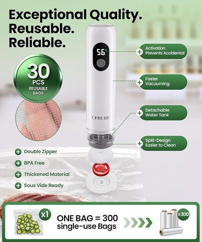 Compact Vacuum Sealer for Food, Drainage Tube, Wet Food, 30 Bags | Handheld food vacuum sealer machine with LED display, reusable vacuum bags, powerful & portable vacuum sealer for Meal Prep in Saudi Arabia