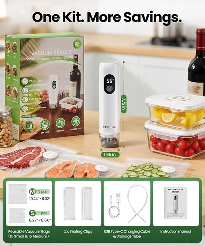 Compact Vacuum Sealer for Food, Drainage Tube, Wet Food, 30 Bags | Handheld food vacuum sealer machine with LED display, reusable vacuum bags, powerful & portable vacuum sealer for Meal Prep in Saudi Arabia