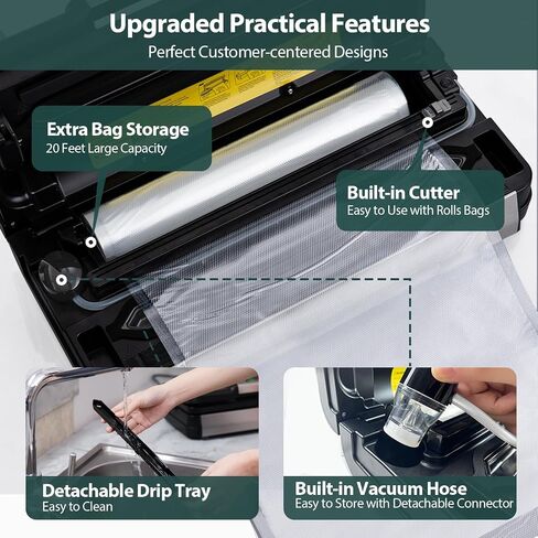 95kPa Vacuum Sealer Machine with AquaLock Technology, Dual-Pump Automatic Food Sealer for Dry & Moist Foods, Double Heat Seal, Built-in Cutter, Bag Storage & Accessory Hose,2 Bag Rolls,Stainless Steel in Saudi Arabia