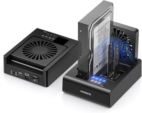 FIDECO M.2 NVMe SSD Cloner and Duplicator، قاعدة توصيل القرص الصلب 3-Bay لـ M.2 NVMe SSD و2.5 بوصة/3.5 بوصة SATA HDD، قارئ القرص الصلب مع مروحة تبريد قابلة للطي، تبديد الحرارة النهائي، بدون أدوات in Kuwait