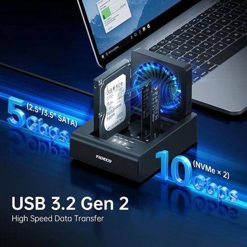 FIDECO M.2 NVMe SSD Cloner and Duplicator، قاعدة توصيل القرص الصلب 3-Bay لـ M.2 NVMe SSD و2.5 بوصة/3.5 بوصة SATA HDD، قارئ القرص الصلب مع مروحة تبريد قابلة للطي، تبديد الحرارة النهائي، بدون أدوات in Kuwait