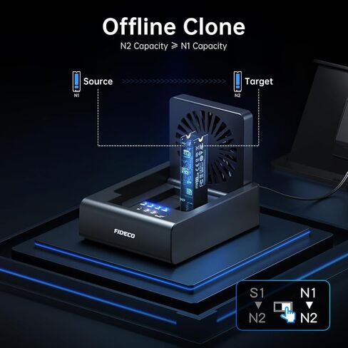 FIDECO M.2 NVMe SSD Cloner and Duplicator، قاعدة توصيل القرص الصلب 3-Bay لـ M.2 NVMe SSD و2.5 بوصة/3.5 بوصة SATA HDD، قارئ القرص الصلب مع مروحة تبريد قابلة للطي، تبديد الحرارة النهائي، بدون أدوات in Kuwait