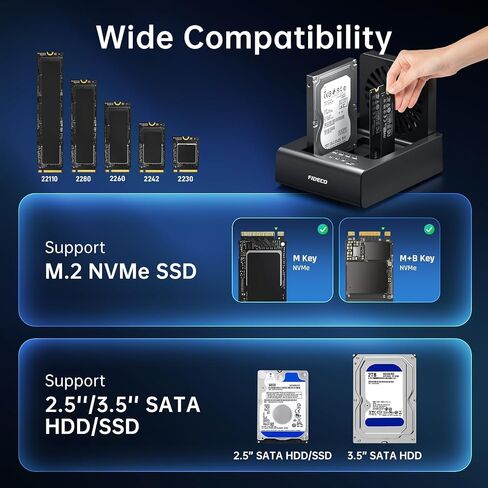 FIDECO M.2 NVMe SSD Cloner and Duplicator، قاعدة توصيل القرص الصلب 3-Bay لـ M.2 NVMe SSD و2.5 بوصة/3.5 بوصة SATA HDD، قارئ القرص الصلب مع مروحة تبريد قابلة للطي، تبديد الحرارة النهائي، بدون أدوات in Kuwait
