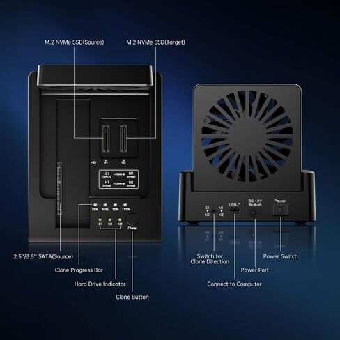FIDECO M.2 NVMe SSD Cloner and Duplicator، قاعدة توصيل القرص الصلب 3-Bay لـ M.2 NVMe SSD و2.5 بوصة/3.5 بوصة SATA HDD، قارئ القرص الصلب مع مروحة تبريد قابلة للطي، تبديد الحرارة النهائي، بدون أدوات in Kuwait