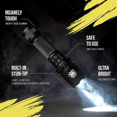 Pain Safari 2000 Tactical Stun Gun Flashlight, 25,000V Self Defense Torch | Rechargeable USB-C, Aircraft-Grade Aluminum, 200 Lumen LED, Non-Lethal Personal Security, Tactical Torch in Saudi Arabia