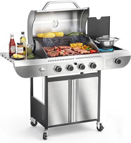 Electactic G31 Gas Grill, 3-Burner Gas Grill with Folding Side Tables,Stainless Steel 24,000 BTU BBQ Grill,Outdoor Propane Grill for Barbecue,Patio,Camping in Saudi Arabia