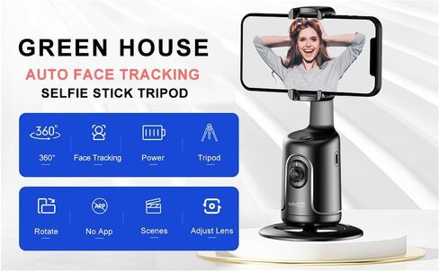 GREEN HOUSE Auto Face Tracking Phone Holder & Mount, GH-USTTA-BK | 360° Fast Rotation, Gimbal Stabilizer, Gesture Recognition, For Vlog, YouTube, TikTok, Influencer Content Creating in Saudi Arabia