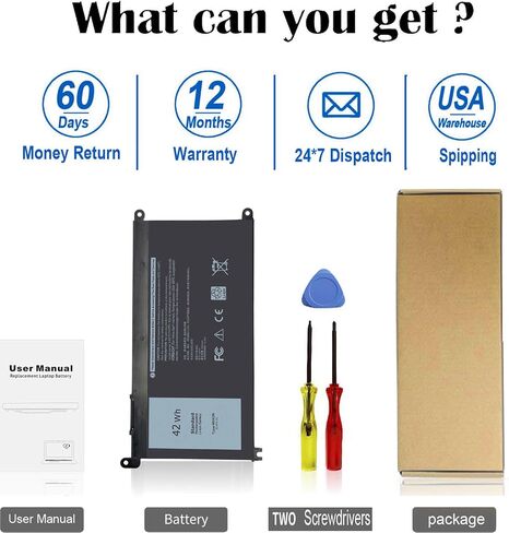 42Wh WDX0R Battery Replacement for Dell Inspiron 13 15 5000 7000 Series | 7573 5570 7579 7378 5567 5565 5379 Latitude 3490 3590 3340 3400 3390 3500 Vostro 5568 P69G P58f P66F WDXOR 11.4V in Kuwait