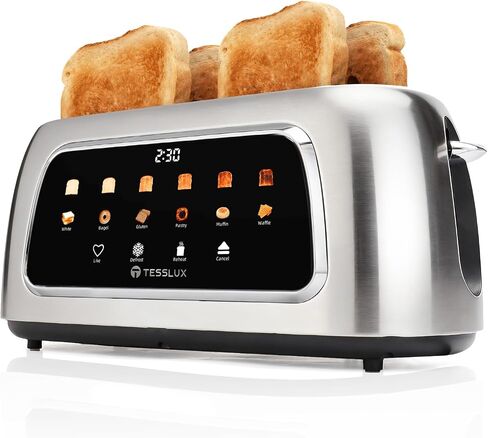 Tesslux 4 Slice Toaster, Touchscreen, 1.5" Long Wide Slot, 1300W, Black | Matte Black Stainless Steel, 6 Bread Presets & 6 Browning Levels, Defrost, Reheat, Cancel, Memory, Countdown Timer in Saudi Arabia
