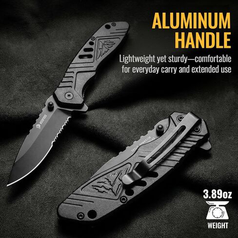 NedFoss Tactical Pocket Knife, 3.2" 8Cr14Mov Serrated Blade Aluminum Handle | Folding Tactical Knife with Clip, Liner Lock, Flipper, Thumb Stud, Compact EDC Knife for Camping, Hunting, Survival Outdoor in Saudi Arabia