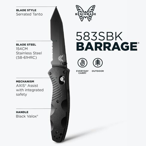 Benchmade Barrage Tactical Knife, 154CM Steel Blade (583SBK) | Black Valox handle, Drop-Point blade in Kuwait