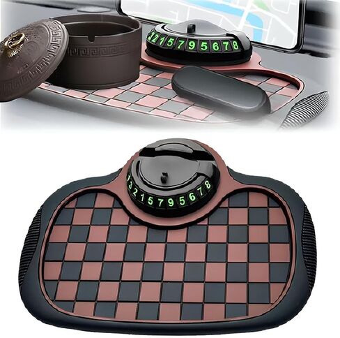Upgrade Multifunction Car Anti Slip Mat with 360° Rotatable Phone Holder,Temporary Parking Number & Anti-Slip Dashboard Pad,Multi-Functional Rotatable Anti Skid Mat for Phone and Car Organizer (Brown) in Saudi Arabia