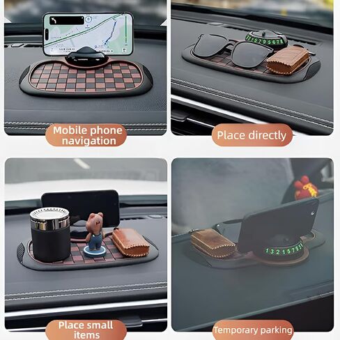 Upgrade Multifunction Car Anti Slip Mat with 360° Rotatable Phone Holder,Temporary Parking Number & Anti-Slip Dashboard Pad,Multi-Functional Rotatable Anti Skid Mat for Phone and Car Organizer (Brown) in Saudi Arabia