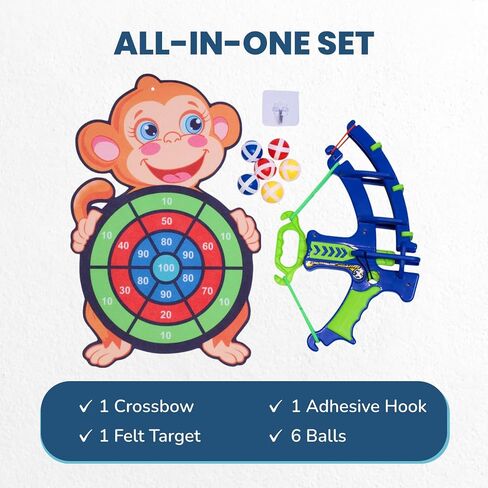 Crossbow & Ball Target Game - Fun Kids Dart Board for Indoor Play Includes 6 Hook & Loop Sticky Balls and Monkey Target for Boys and Girls 6-12 - Sticky Ball Dartboard - Dart Game in Saudi Arabia
