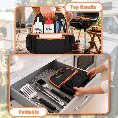 CROTIRAD Grill Utensil Storage Bag, BBQ Tool Caddy with Dividers, Black | Grill caddy with napkin pocket, grill tool storage for outdoor grilling, camping and kitchen storage in Saudi Arabia