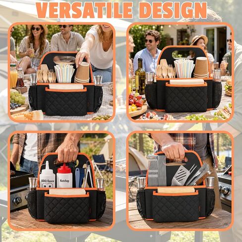 CROTIRAD Grill Utensil Storage Bag, BBQ Tool Caddy with Dividers, Black | Grill caddy with napkin pocket, grill tool storage for outdoor grilling, camping and kitchen storage in Saudi Arabia