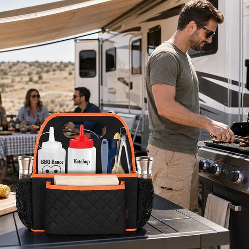 CROTIRAD Grill Utensil Storage Bag, BBQ Tool Caddy with Dividers, Black | Grill caddy with napkin pocket, grill tool storage for outdoor grilling, camping and kitchen storage in Saudi Arabia