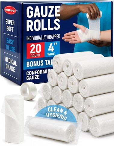 Medical Gauze Rolls – 24pk – 4" x4.1yd – Soft and Breathable Gauze Bandage | Latex-Free Premium Individually Wrapped Bandages - Easy to Use - First Aid Conforming Stretch Gauze for Wound Care - Vet Wrap in Kuwait