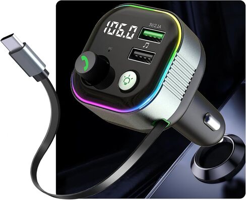 Bluetooth 5.4 FM Transmitter for Car,Type C Retractable Cord Fast Charger | 36W(12V)-65W(24V) ,Wireless Audio Adapter with Hi-Fi Bass,Hands-Free Call,Music Player,Compatible with iPhone & Android in Saudi Arabia