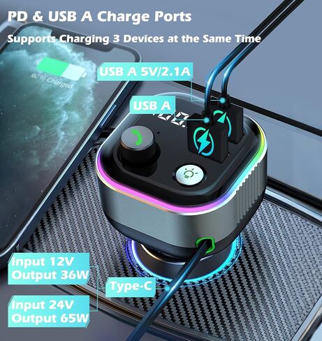 Bluetooth 5.4 FM Transmitter for Car,Type C Retractable Cord Fast Charger | 36W(12V)-65W(24V) ,Wireless Audio Adapter with Hi-Fi Bass,Hands-Free Call,Music Player,Compatible with iPhone & Android in Saudi Arabia