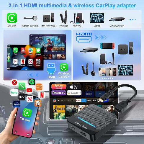 2-in-1 Car TV Mate Pro—Wireless CarPlay Adapter & HDMI Multimedia Adapter for TV Stick Converter/Game Consoles/Set-Top Box/Screen Mirroring, Plug & Play HDMI Cars T V Dongle Compatible Cars from 2016 in Saudi Arabia