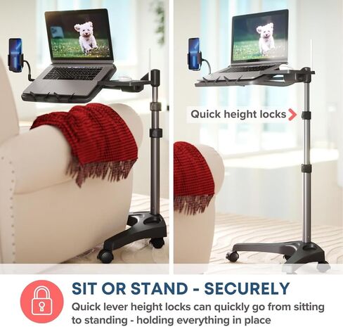 LEVO G2 V16 Rolling Laptop Stand with Mouse Tray and Phone Holder | Tilting platform, compact V-base for beds, couches and recliners, 15 inch cantilever reach, 22 to 45 inch height in Saudi Arabia