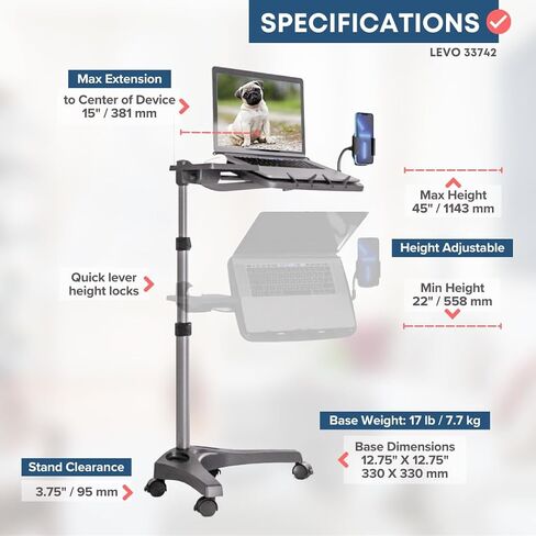 LEVO G2 V16 Rolling Laptop Stand with Mouse Tray and Phone Holder | Tilting platform, compact V-base for beds, couches and recliners, 15 inch cantilever reach, 22 to 45 inch height in Saudi Arabia