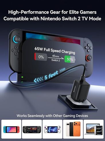 NEWDERY Switch 2 Charger 65W AC Power Adapter for Nintendo 2, Foldable Plug, 5FT USB Cable, 4K TV Dock Supported, PD 3.0 Fast Charging (20V/3A), Replacement for OEM Switch 2, for Steam Deck Charger | 5FT PD 3.0 Fast Charging,Replacement for OEM Switch 2,  in Saudi Arabia
